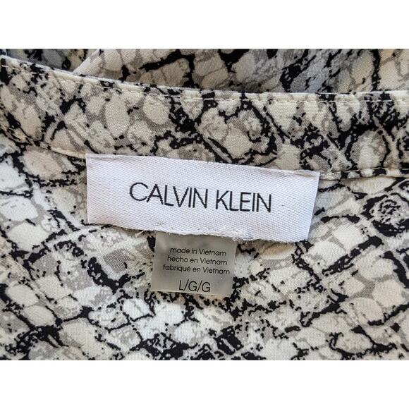 Calvin Klein Blouse Top Large White Black Snakeskin Print Flowy Career High Low - Picture 10 of 12